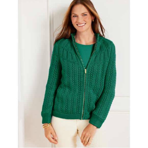 Talbots Mixed Stitch Cardigan Emerald Green Zip Front Mock Neck Cotton L - Picture 1 of 7